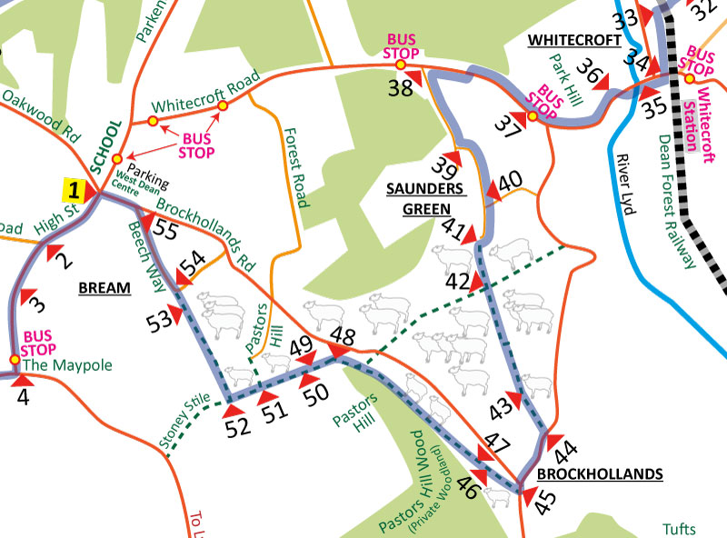A map showing the route of Bream Heritage Walk points 34 - 55
